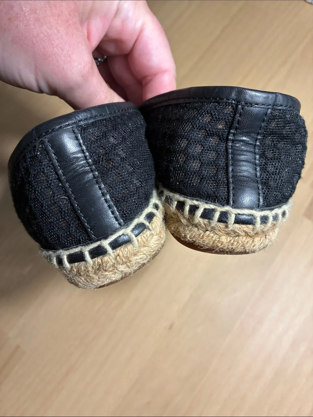Tory Burch Grenada A-Line Espadrille Flat Loafers Mesh & Leather Cap Toe T Logo